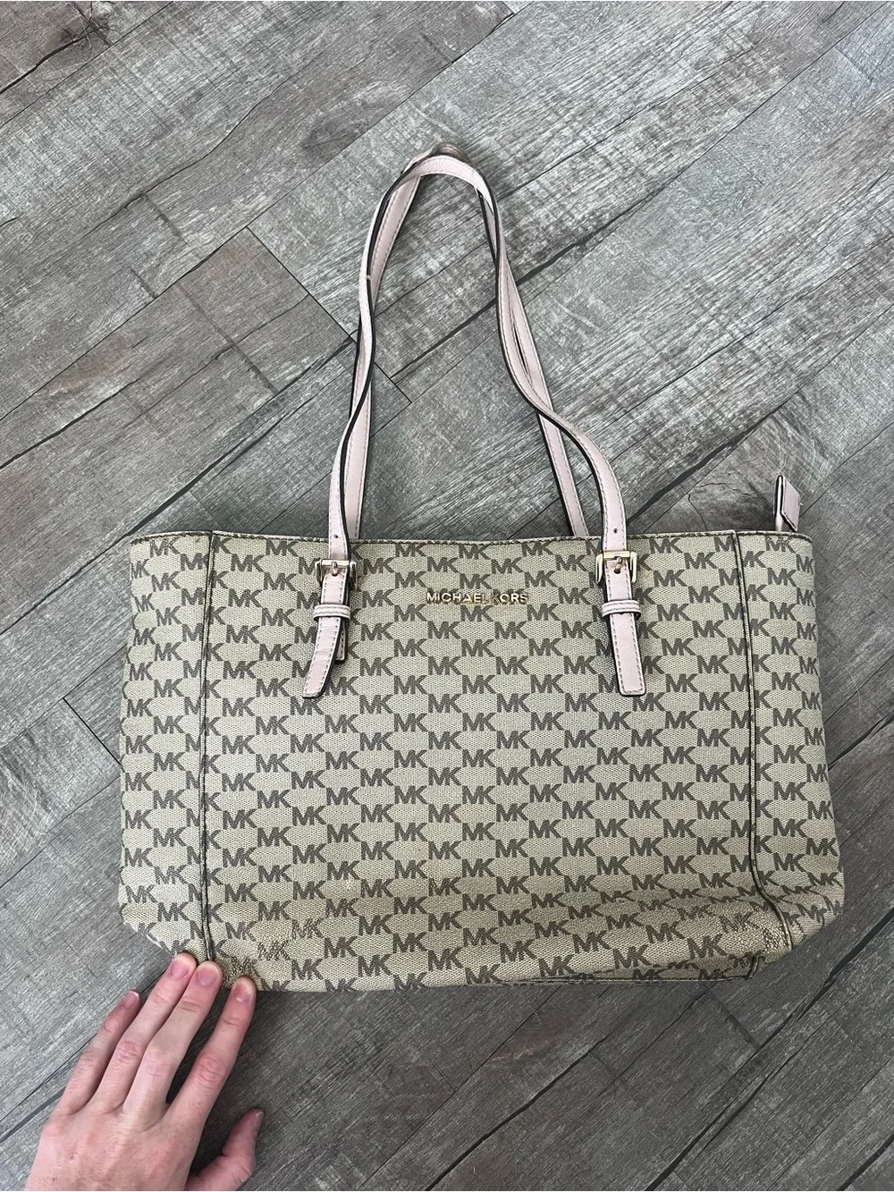 Michael Kors Beige Signature MK Tote with Pink Trim